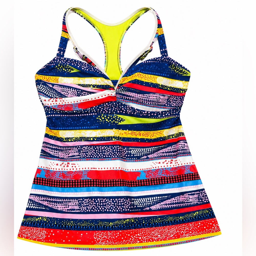 Women Multicolor Striped Swim Tankini Top - Navy, Red & Yellow
